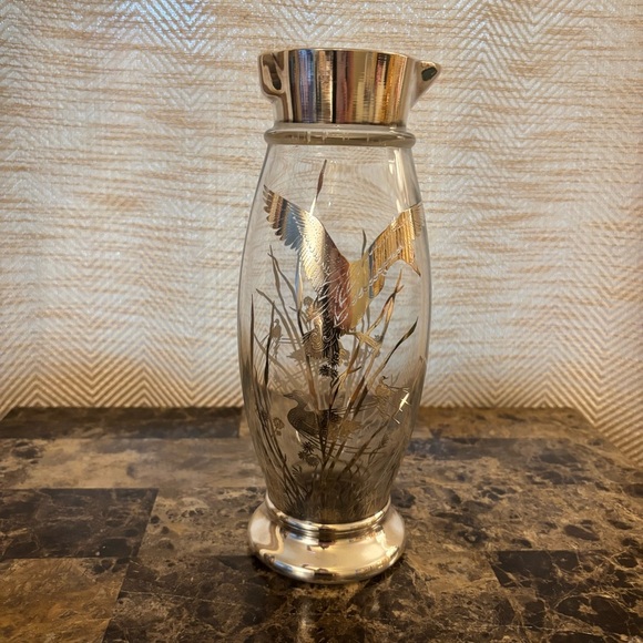 Vintage Cambridge Glass Cocktail Shaker, Duck Overlay, No Lid, Silver, Pitcher - Picture 1 of 10